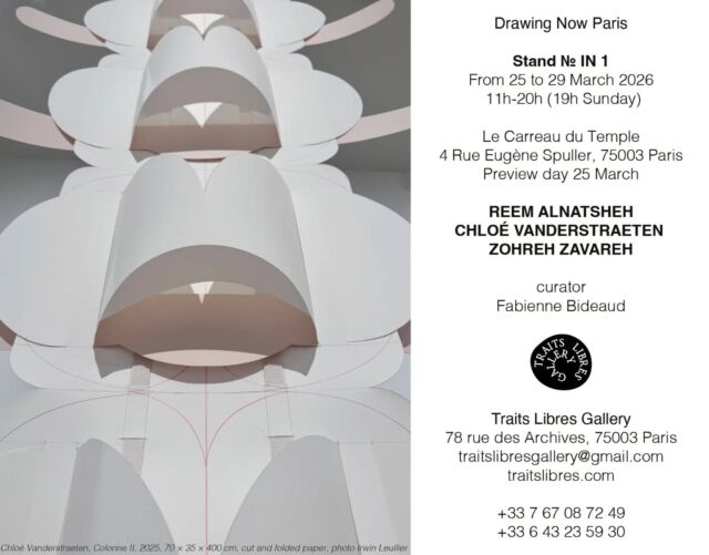 Félicitation à @chloe_vanderstraeten - lauréate de la Bourse des Amis des Beaux-Arts de Paris en 2024- qui remporte le prix @drawingnowparis Paris 2026. 

Chloé Vanderstraeten aborde le médium du papier dans sa matérialité, par le biais du pliage, de la découpe et de l’embossage, en empruntant ses méthodes à la couture. Elle travaille le dessin, la sculpture et l’édition afin d'explorer les frontières poreuses entre architecture, corps et technique. L’artiste nourrit son travail d’iconographies issues des techniques de l’industrie et de l’artisanat, de l’imagerie médicale et des systèmes d’écritures. Les relations entre la vision et le toucher, ainsi que la question du pli, sont centrales dans ses recherches. Son travail questionne la notion d’épiderme, qu’il soit envisagé par la science comme peau biologique, par la culture comme un textile, ou par la chirurgie et l'acupuncture comme zone à suturer ou ponctionner. Sa pratique cherche à cartographier l’économie de notre corps sensible contemporain.

@traits.libres.gallery

#artcontemporain #artcontemporain #papier #beauxartsdeparis #artemergent youngcontemporaryartist dessincontemporain