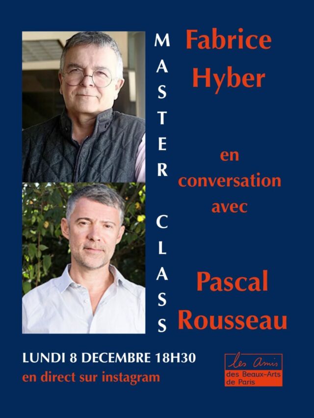 💥SAVE THE DATE LUNDI 8 DECEMBRE 18H30 Suivez en direct sur notre Instagram et des @beauxartsparis la Master Class de Fabrice Hyber en conversation avec Pascal Rousseau organisée par les #amisdesbeauxartsdeparis

Dès ses débuts dans les années 80, puis en devenant l'un des plus jeunes lauréat du Lion d'Or de la Biennale de Venise en 1997, Fabrice Hyber a bénéficié d'une attention croissante sur la scène internationale. Il a exposé dans de nombreux prestigieux lieux institutionnels en France et à l'étranger. En 2018, l'artiste est élu membre de l'Académie des Beaux-Arts.

L'activité et la pensée artistique de Fabrice Hyber, qui se définit comme un artiste quantique, sont constamment traversées par les notions de mutation et de transformation.

De formation scientifique avant d'entrer à l'Ecole des Beaux-Arts de Nantes, l'artiste conçoit son œuvre sous la forme d'un gigantesque rhizome qui se développe sur un principe d'échos. Partant invariablement de la pratique du dessin et de la peinture, il investit tous les modes d'expression et diffuse sans cesse son travail d'un médium à l'autre : « Peu importe la matérialité de l'œuvre, seule compte sa capacité à déclencher des comportements » .
@fabricehyber

/

Professeur d’histoire de l’art contemporain à l’université Paris I-Panthéon Sorbonne, spécialiste des avant-gardes historiques et des débuts de l’abstraction, Pascal Rousseau a été le commissaire de plusieurs expositions, notamment « Robert Delaunay. De l'impressionnisme à l'abstraction, 1906-1914 » (Centre Pompidou, Paris 1999), « Aux origines de l'abstraction 1800-1914 » (musée d'Orsay, Paris 2003-2004) et, « Cosa mentale. Art et télépathie au XXe siècle » (Centre Pompidou, Metz 2015-2016).

#contemporaryart #beauxartsparis #art #artist #contemporaryart #beauxartsparis #art #artist